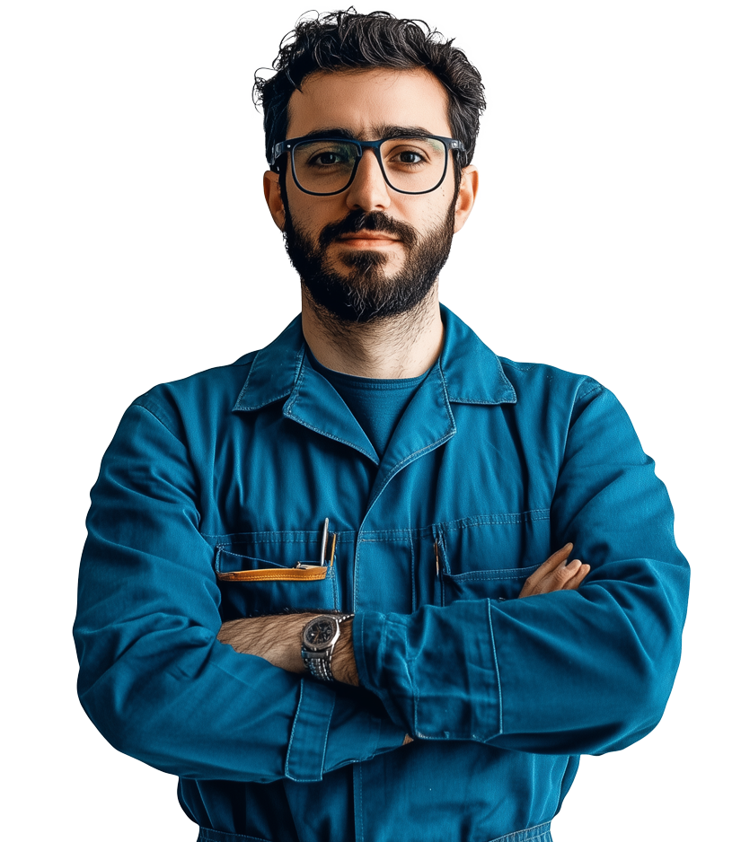Consulente sicurezza sul lavoro in abbigliamento tecnico con braccia conserte, espressione seria e professionale, su sfondo bianco.