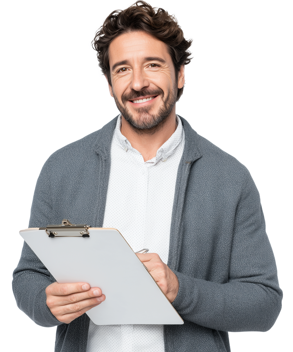 Consulente della sicurezza sul lavoro sorridente con clipboard in mano, pronto a gestire la formazione aziendale RSPP.