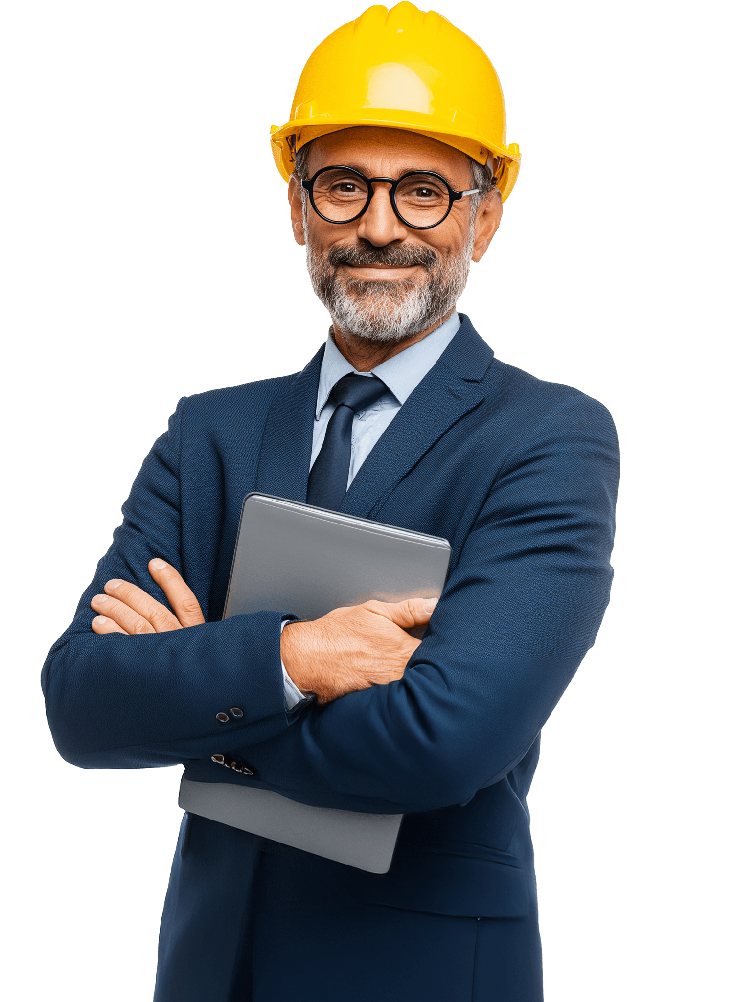 Manager esperto della sicurezza sul lavoro in giacca elegante e casco giallo, tiene in mano documenti di formazione aziendale.
